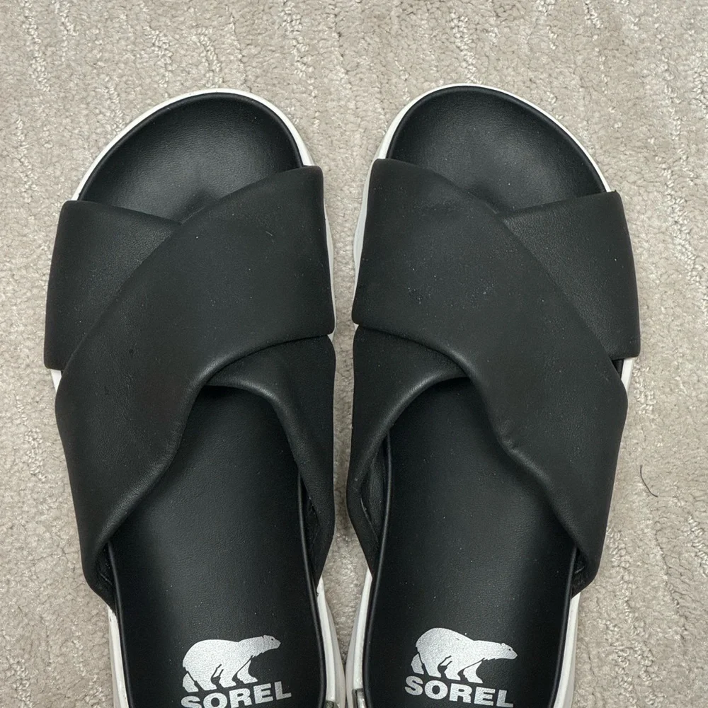 Sorel Black and White Platform Slide Sandals